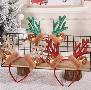 Christmas Reindeer Antler Headband Sequin Glitter Hair Hoop With Bells And Faux Fur For Holiday Party Kids Adults