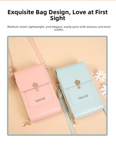Close-up of pink and green floral crossbody phone bags with metallic flower clasps