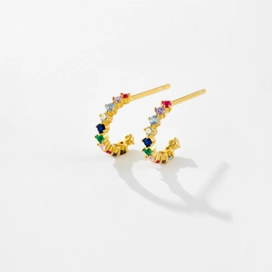 Elegant gold S925 silver hoop earrings with rainbow cubic zirconia for weddings