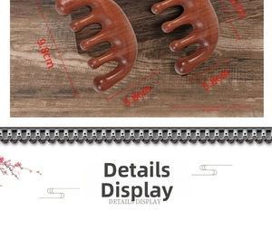 Detailed view of natural red sandalwood massage comb measuring 9.8cm by 5.8cm