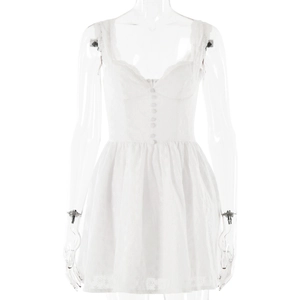 Sleeveless white lace dress with open back and embroidery on a white mannequin