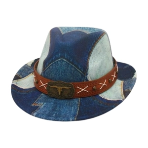 Kids western cowboy jazz hat in blue denim with brown leather band and bull skull emblem