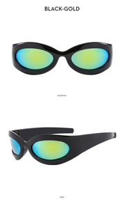 Front and side views of Y2K oval sunglasses with black frames and gold lenses