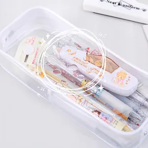 Large transparent PVC pencil case with cute aesthetic stationery and correction tape