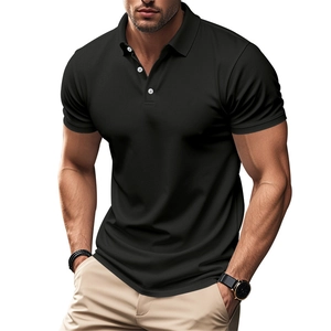 Close-up of black breathable short-sleeve polo shirt for men in casual business style