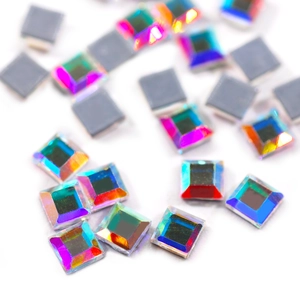 Detailed macro view of square flatback crystals with AB iridescent multi-faceted shine