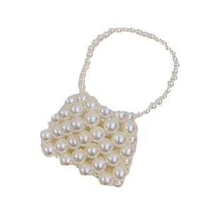 Mini pearl beaded woven handbag for girls with crossbody strap and top handle in cream white