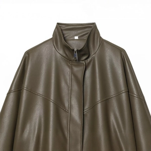 Faux leather bomber jacket with stand collar and zipper closure in olive green flat lay