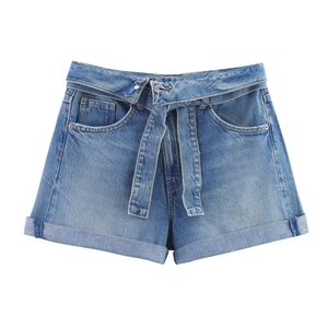 Short En Jean Taille Haute En Coton Bleu Clair Avec Ceinture Ourlet Revers Décontracté Été Femmes