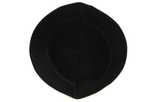 Detail of a two-tone cotton bucket hat showing khaki brim stitching and black inner lining