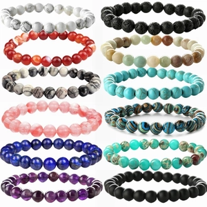 Natural Stone Beaded Bracelet Elastic Round Agate Lava Turquoise Tiger Eye Unisex Fashion Handcrafted Boho Jewelry