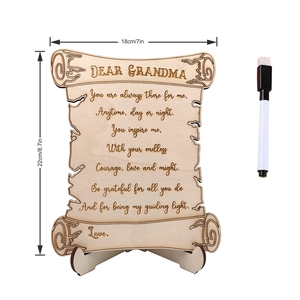 Detail view of scroll-shaped wooden Mother's Day plaque with pen and size measurements