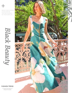 Detailed view of summer vintage floral maxi dress with square neckline and green print
