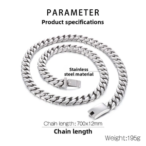 Polished silver stainless steel 12mm Cuban link chain necklace with detailed square clasp