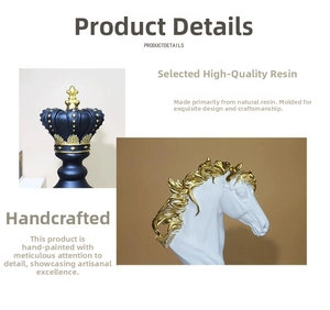 Detail of blue and gold crown and white horse head resin chess pieces for decor
