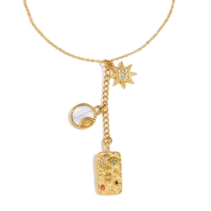 18K gold plated Y-necklace with celestial charms and square gemstone pendant