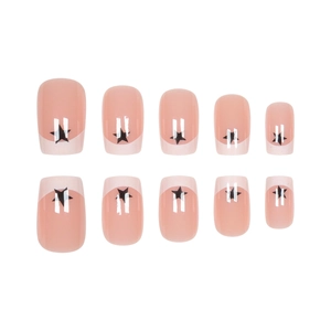 Unghie finte quadrate rosa French con stelle nere, set da 10 pezzi riutilizzabili