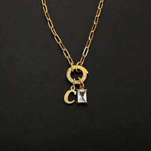 Stainless Steel Gold Plated Letter Pendant Necklace Rhinestone Paperclip Chain DIY Fashion Jewelry For Women