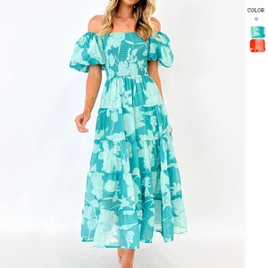 Robe Fleurie Épaules Dénudées Femme Mousseline Polyester Poitrine Smockée Manches Bouffantes Ourlet À Étages Vacances Été