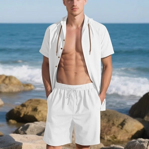 Men's white linen two-piece beach set featuring hooded short sleeve shirt and drawstring shorts