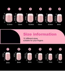 Tableau des tailles présentant 12 dimensions pour faux ongles carrés style français