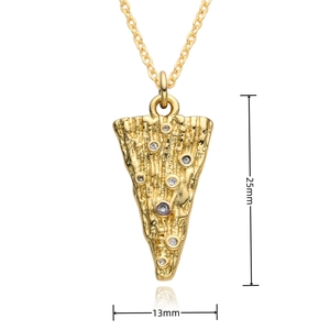 Detailed macro view of 18k gold-plated triangle pendant with white rhinestones and dimensions
