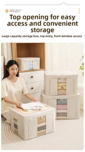 Detail showing the cotton linen storage box with dual zipper openings and clear view window