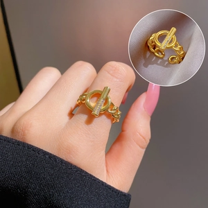 Toggle Clasp Copper Ring With Cubic Zirconia Inlay Fashion Chain Link Adjustable Open Jewelry For Women