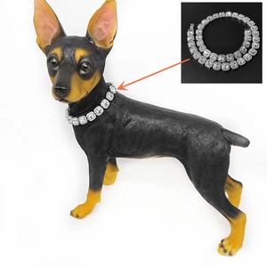 Iced out silver dog collar with sparkling rhinestones shown on a model pet and close-up