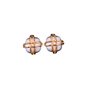 Elegant gold plated square cross stud earrings with a white gemstone inlay