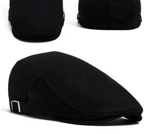 Detailed view of black breathable mesh ivy cap showing silver buckle and texture