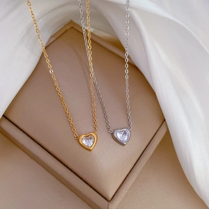Minimalist titanium steel heart pendant necklace in gold and silver with clear zircon stones