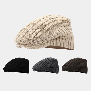 Retro Winter Cable Knit Beret Newsboy Cap For Men Women Warm Fleece Lined Acrylic Solid Color Casual Outdoor