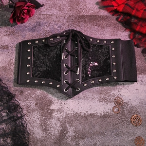 Gothic black lace-up corset belt featuring silver rivets and sequin panels on faux leather