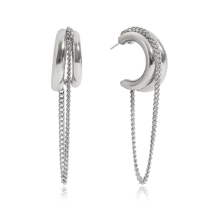 Detail shot of silver C-shaped double hoop earrings with delicate metal fringe tassels