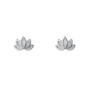 Minimalist S999 sterling silver lotus stud earrings with frosted texture on white background