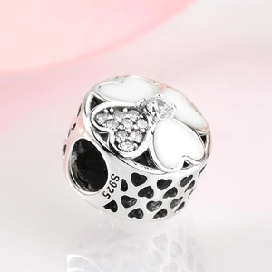 925 sterling silver four-leaf clover charm with white enamel and clear zircon details