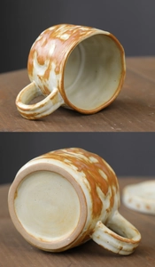 Detail of vintage Japanese ceramic mug showing marble glaze texture and rustic bottom