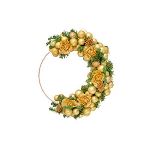 Golden Christmas moon wreath with festive ornaments and pine cones on white background