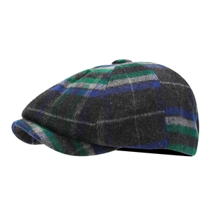 Vintage wool blend plaid newsboy cap in gray and green stripes for autumn and winter
