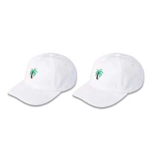 White cotton baseball cap with coconut tree embroidery, minimalist two-pack set