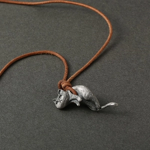 Vintage 925 sterling silver cat pendant necklace with brown leather cord for women and men