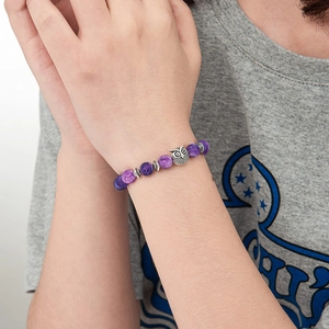Damen Armband aus lila gestreiften Achatperlen mit silbernem Eulen-Anhänger