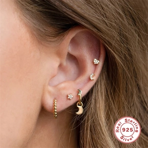 Gold 925 sterling silver ear piercing set with star, crescent, and zircon heart studs