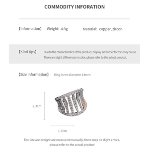 Detailed spec sheet for open hollow zircon ring with copper material and size dimensions