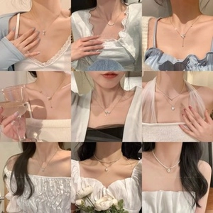 Collage of elegant necklaces with pearls, bows and hearts worn on minimalist models