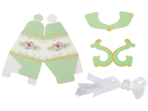 Flat lay of mint green teapot gift box parts with floral prints and white ribbon