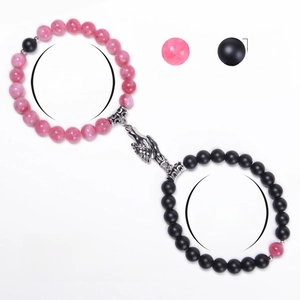 Natural stone magnetic couple bracelets with pink quartz and black matte beads