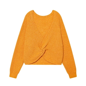 Women V Neck Twist Knot Knit Sweater Lantern Sleeve Short Cropped Pullover Jumper Fashion Commuter Casual Orange Top