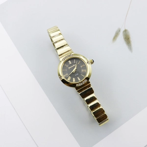 Detailed macro view of a gold-tone roman numeral quartz watch with crystal-encrusted bezel
